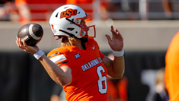 Sep 2, 2023; Stillwater, Oklahoma, USA; Oklahoma State's Zane Flores (6) warms up before an NCAA football game between Oklahoma State and Central Arkansas at Boone Pickens Stadium. Mandatory Credit: Nathan J. Fish-USA TODAY Sports